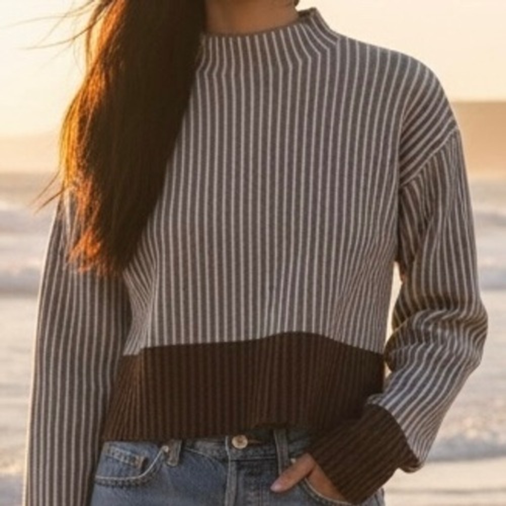 Tahari NWT Womens Mock Neck Colorblock Ribbed Knit Sweater Beige Brown XS Luxury